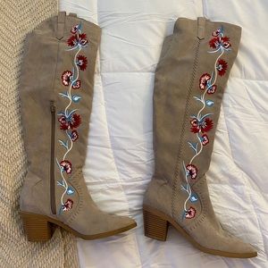 Floral & Beige Under The Knee Suede Heeled Boots